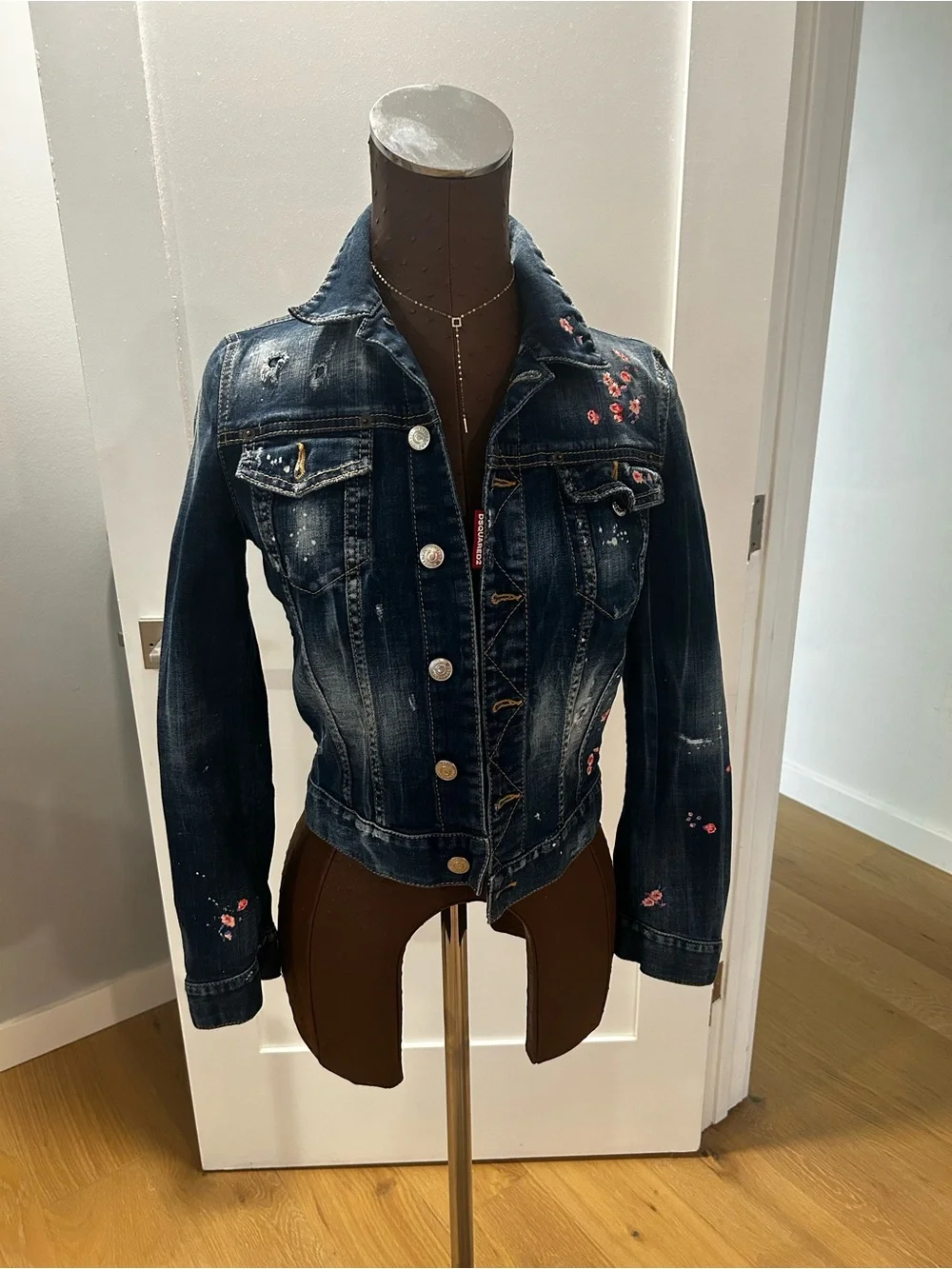DSQUARED2 Dark Indigo Jean Jacket with Pink Embroidered  Details